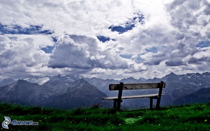 mountains, bench, sky, clouds