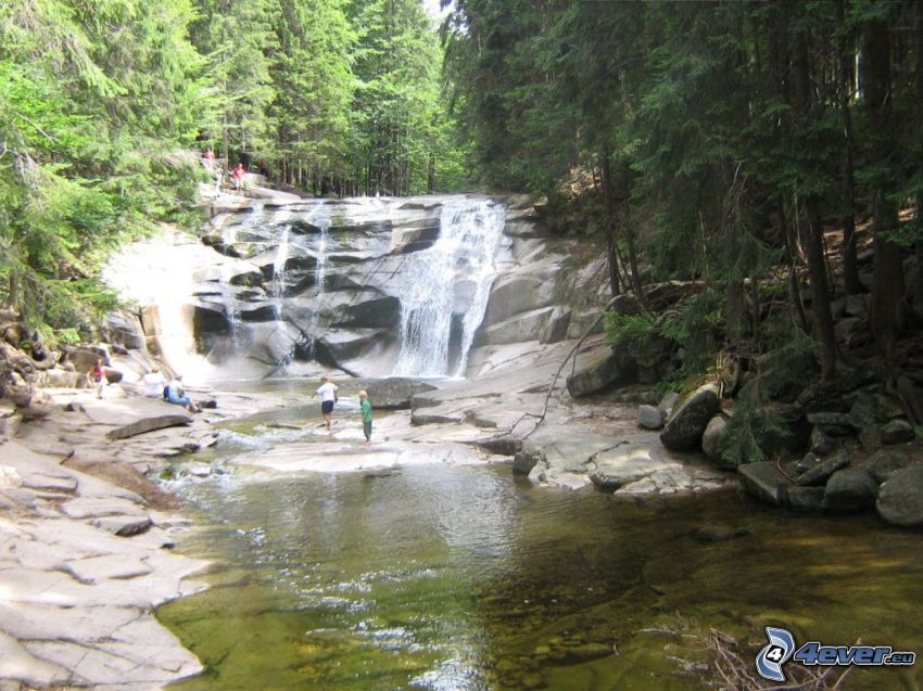 Mumlava waterfall, tourists, River, forest