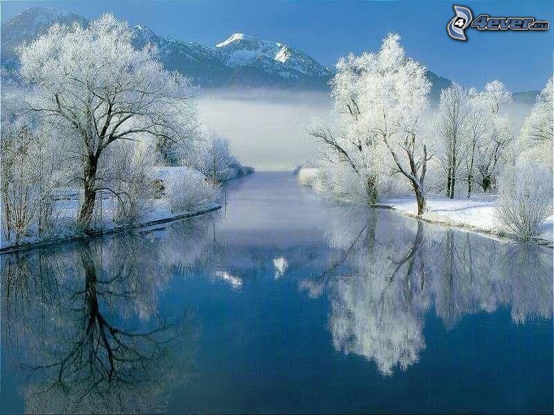 river in winter, snowy trees, mountains