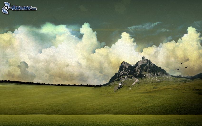 rock, clouds, meadow