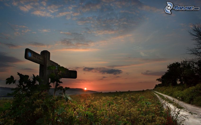 sign, sunset, field path