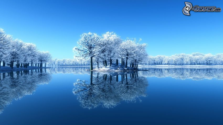 snowy landscape, lake, island, blue background