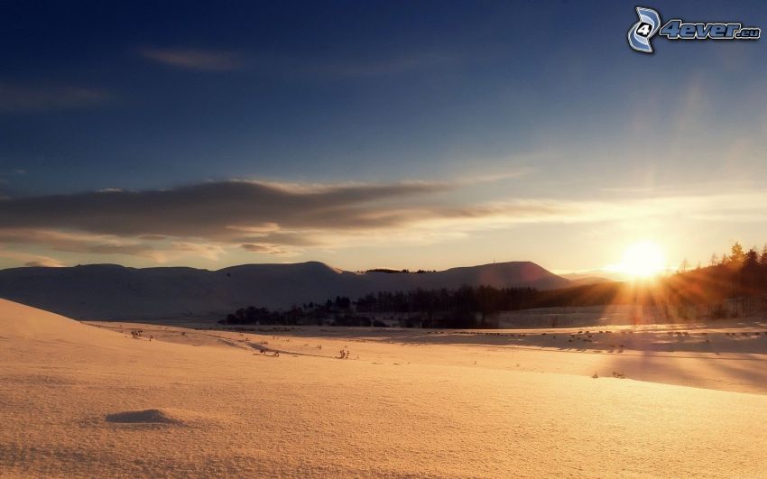 snowy landscape, sunrise