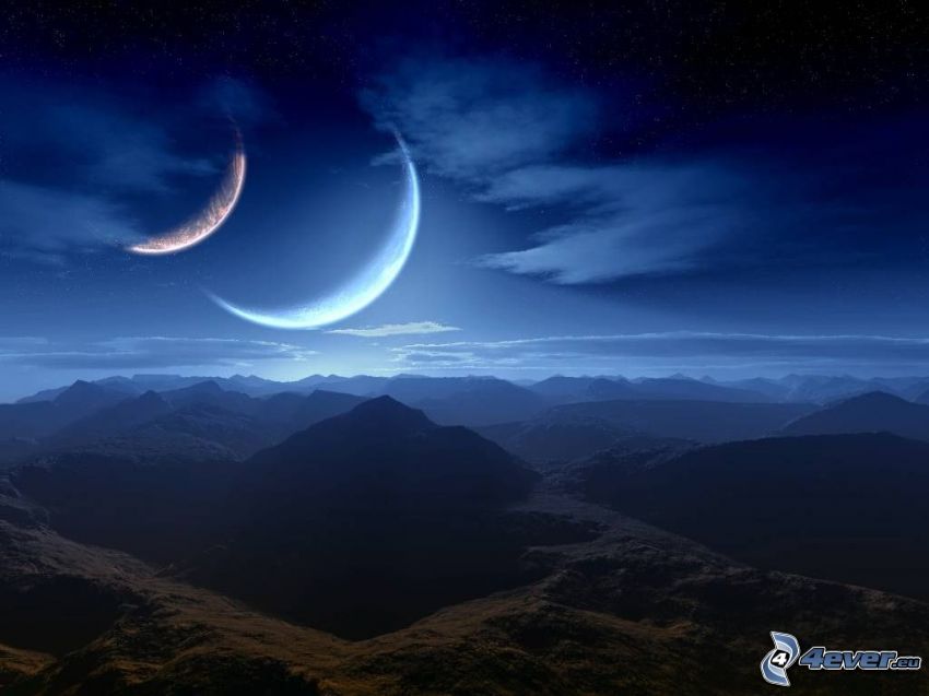 two moons, digital landscape, mountainous country, mountain