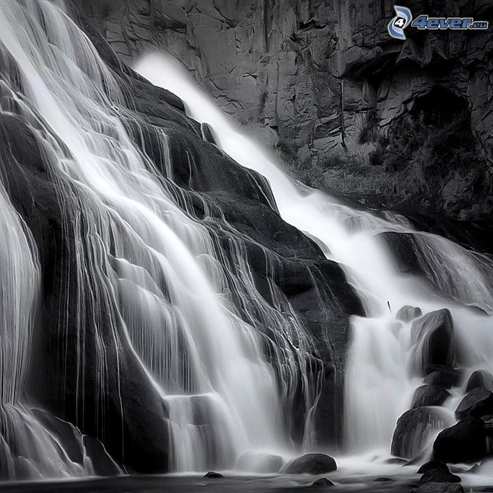 waterfall, rock, black and white