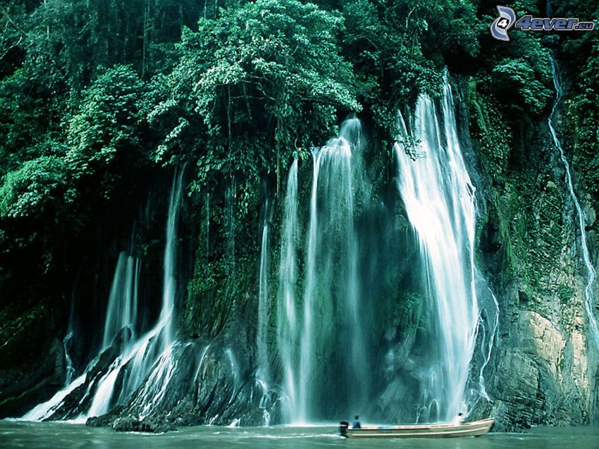 waterfall in the forest, Urubamba, Peru, boat