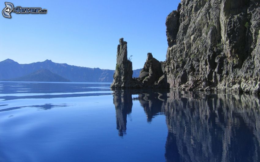 large lake, rock