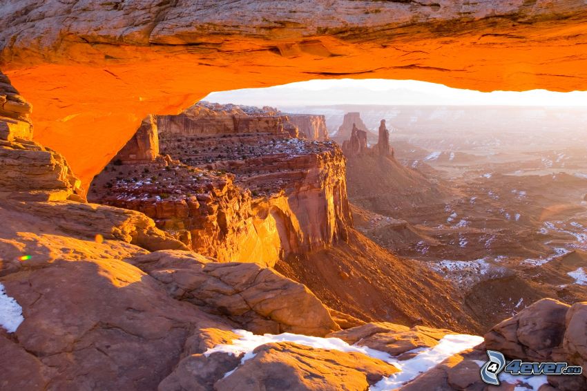 Mesa Arch, natural stone gate, view of rocks