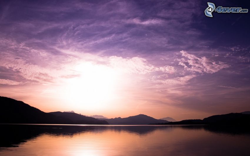 mountain, lake, sun, purple sky