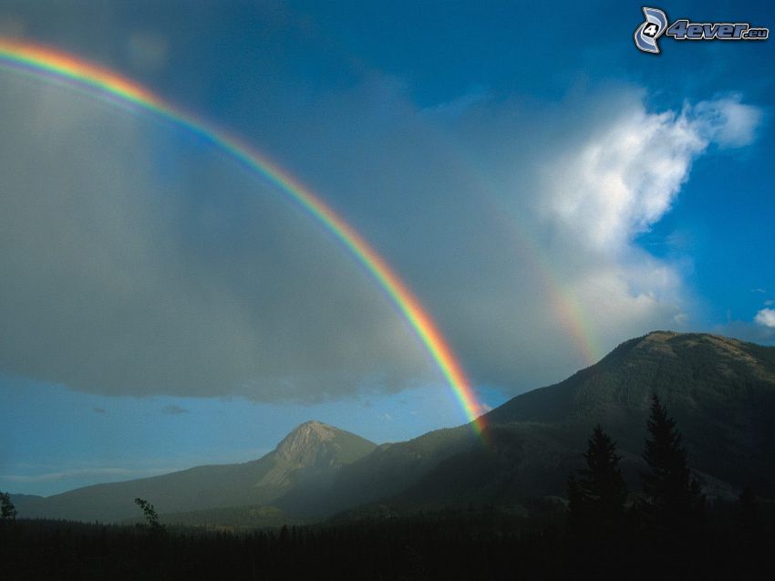 mountain, rainbow, clouds