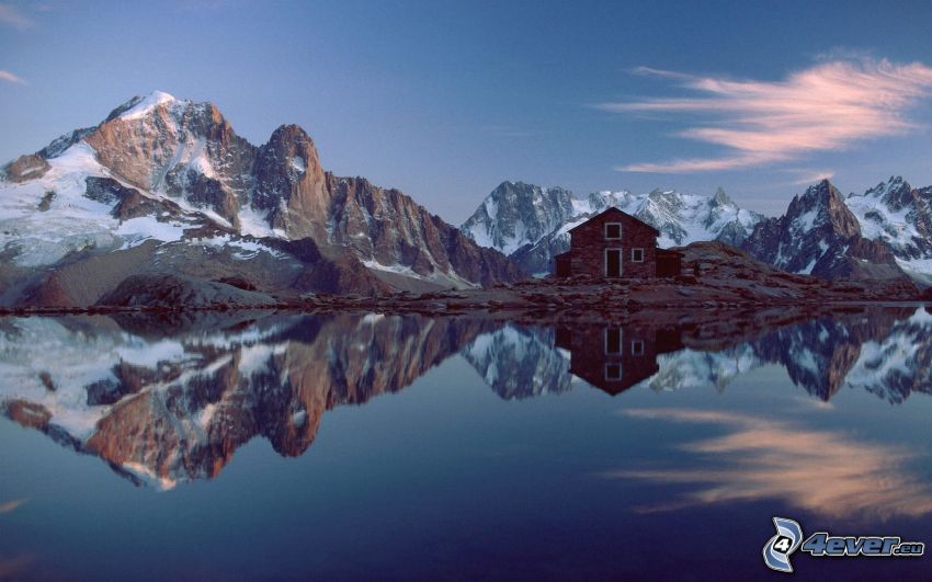 Alps, house by the lake, reflection