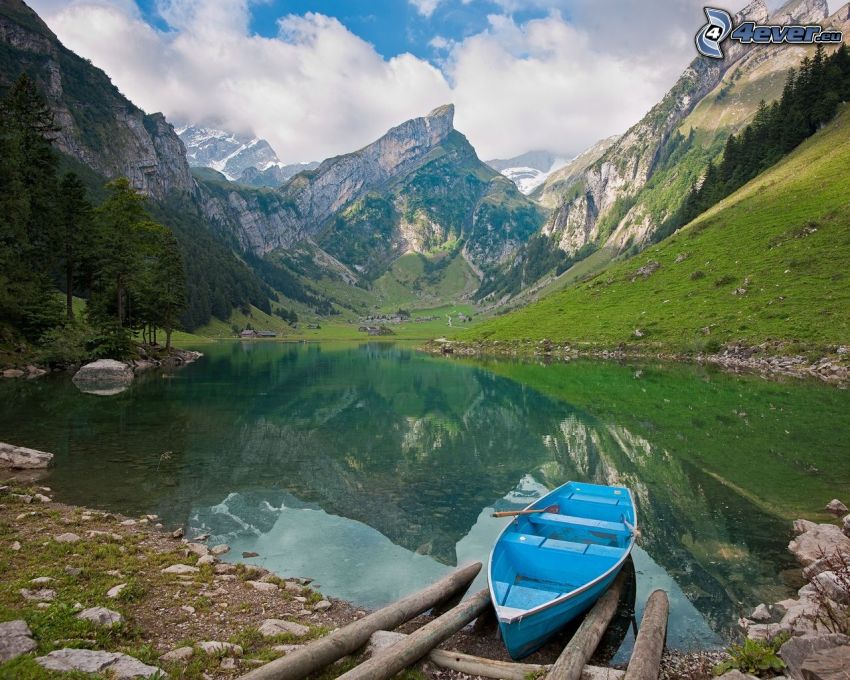 boat, lake, rocky mountains