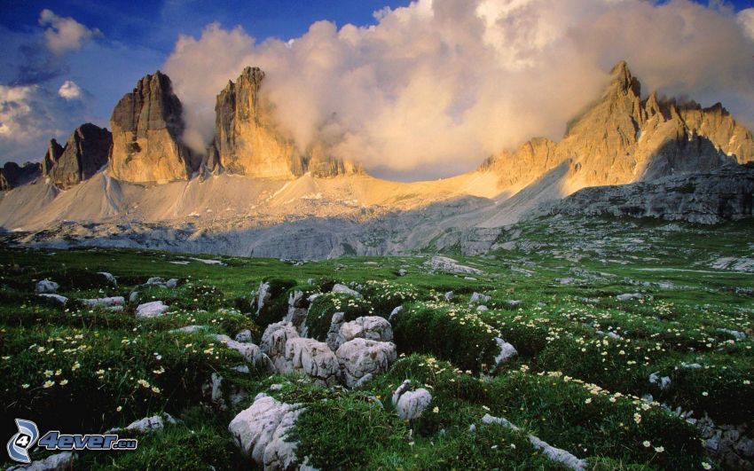 Dolomites, rocky mountains, clouds
