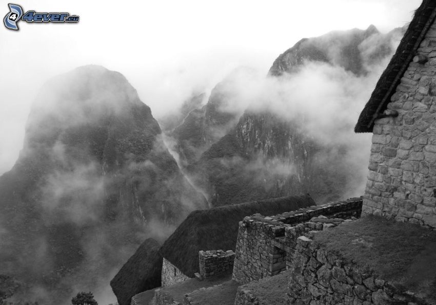 high mountains, clouds, stairs, black and white