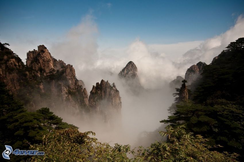 Huangshan, rocky mountains, clouds