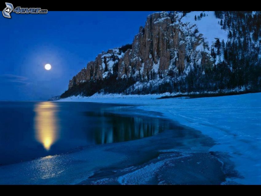 lake, rocky mountain, snow, night, moon