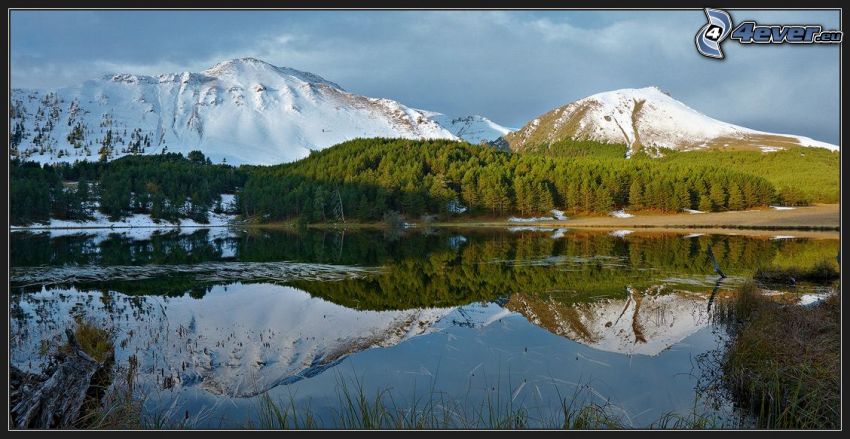 lake, snowy hills, reflection