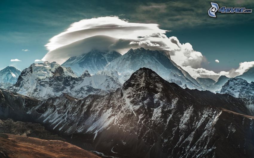 Mount Everest, clouds, rocky mountains