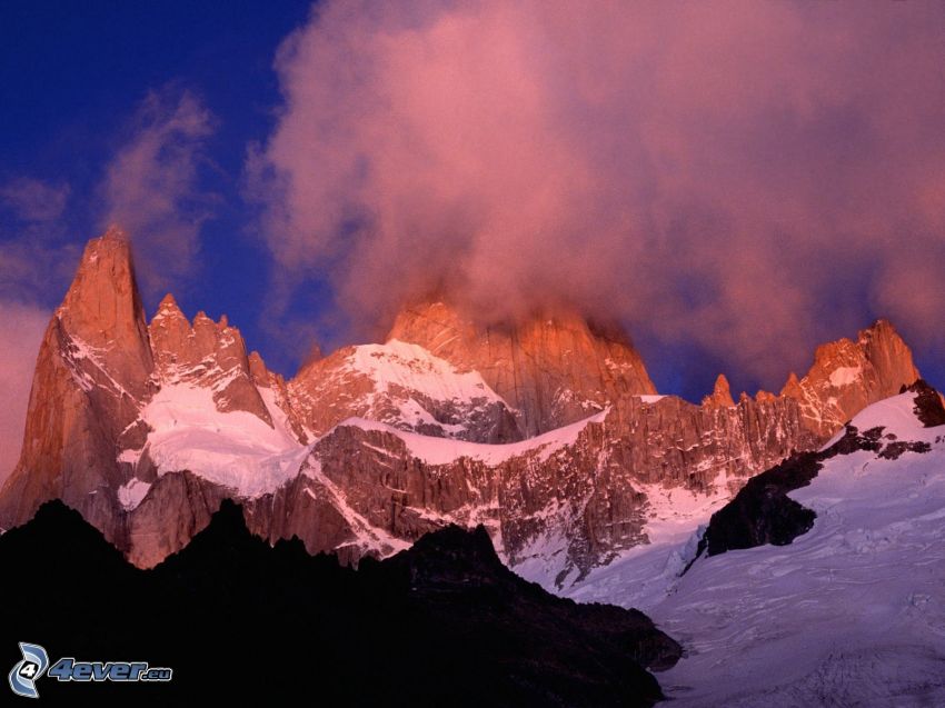 Mount Fitz Roy, hill, clouds, snow