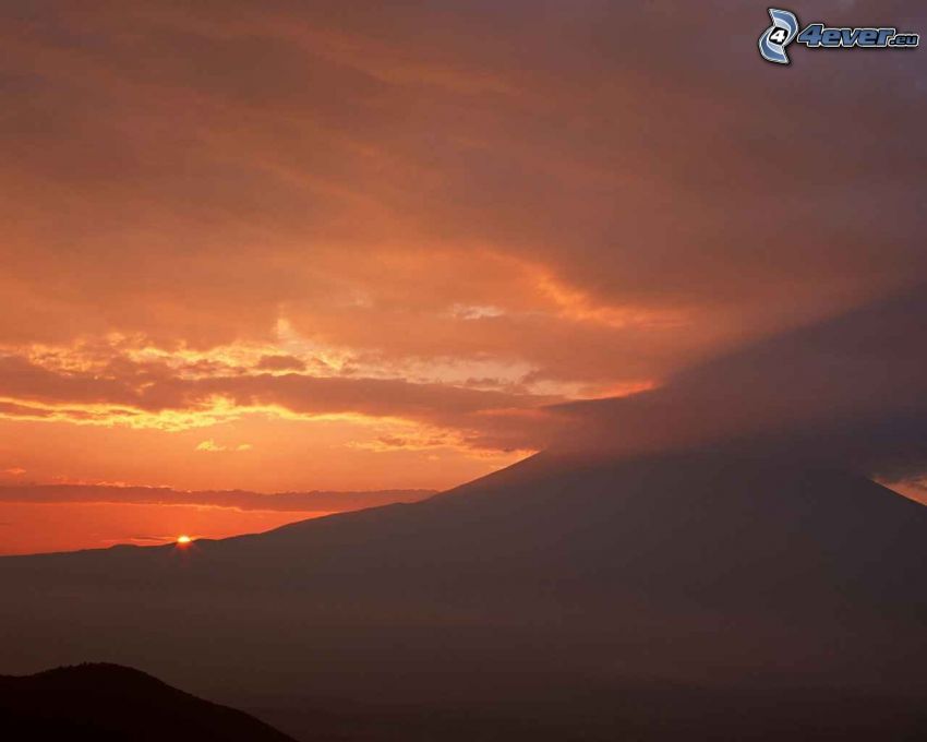 mount Fuji, sunset over mountains