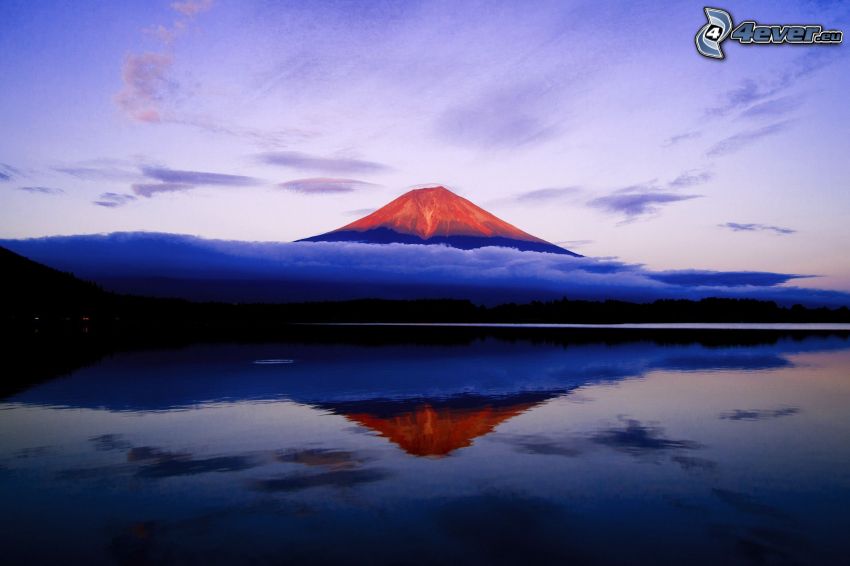 mount Fuji, volcano, lake, reflection, clouds, evening