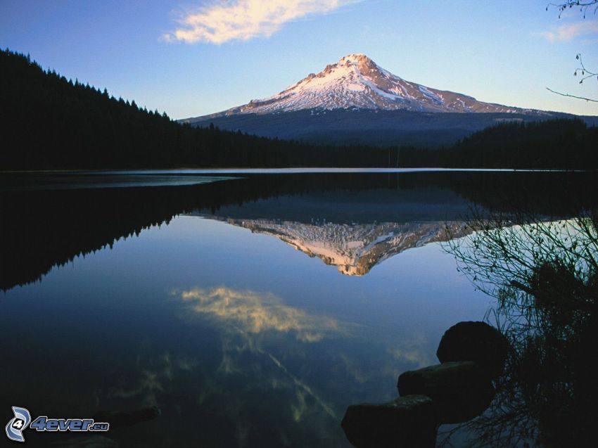 Mount Hood, snowy hill, lake, reflection