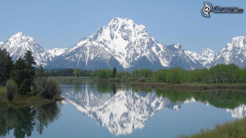 Mount Moran, Wyoming, lake, reflection, forest, rocky mountain