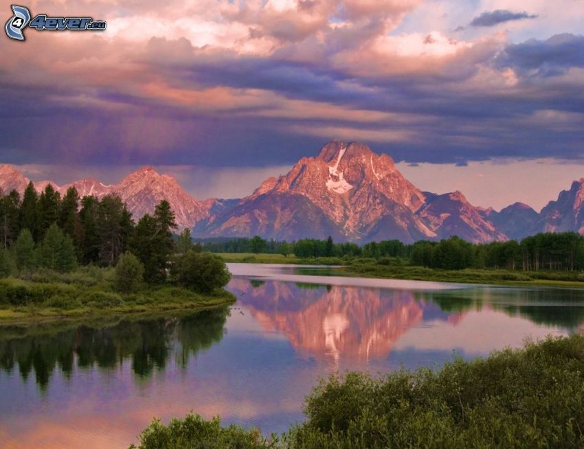 Mount Moran, Wyoming, lake, reflection, forest, rocky mountains, clouds