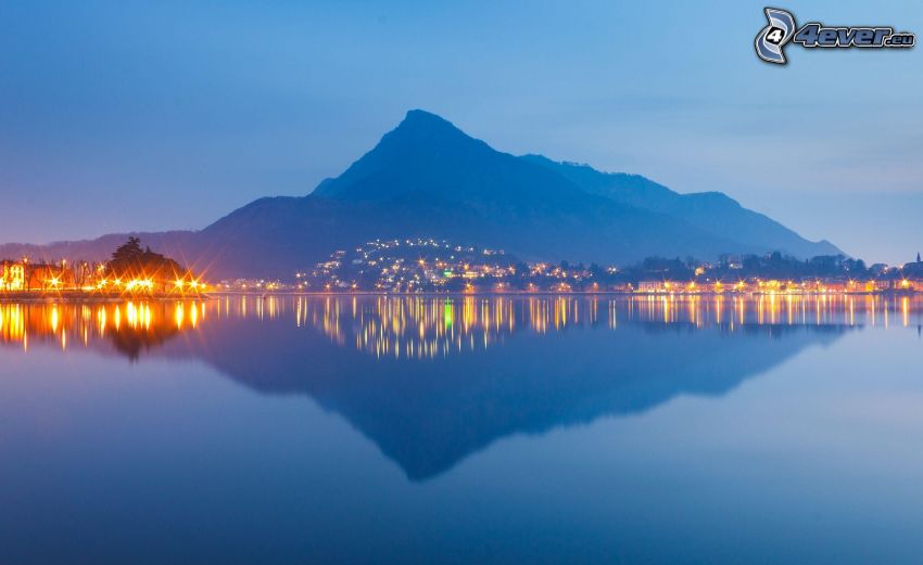 mountain, lake, reflection, evening, lighting