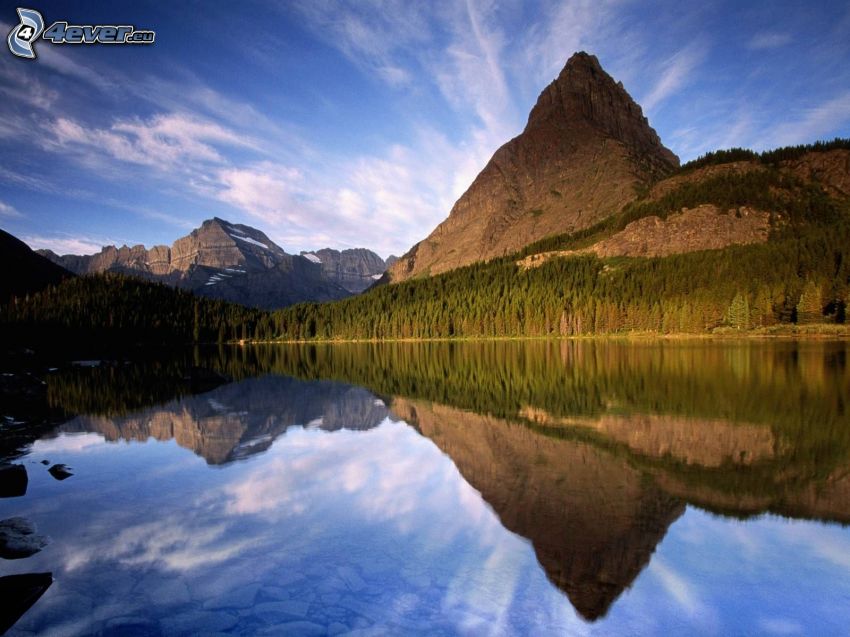mountain, lake in the forest, calm water level, reflection, sky, coniferous forest
