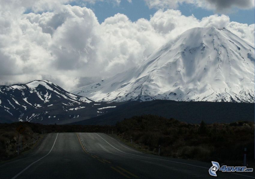 road, snowy mountains, clouds