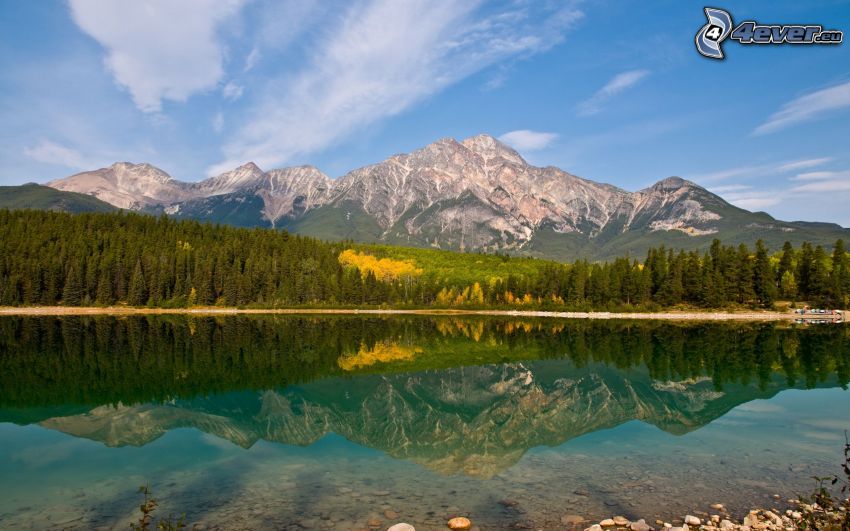 rocky mountain, lake, forest, reflection