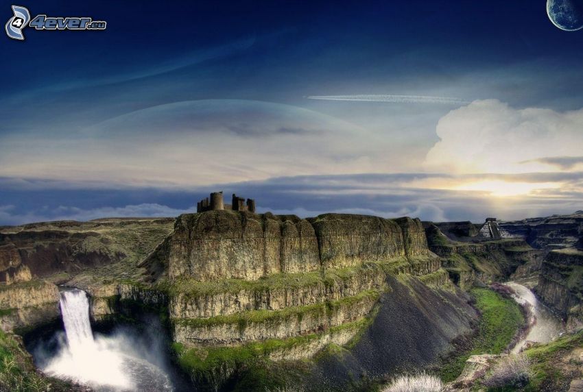 rocky mountains, castle, waterfall, planet, HDR