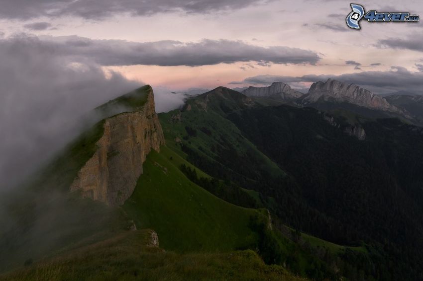 rocky mountains, clouds, greenery