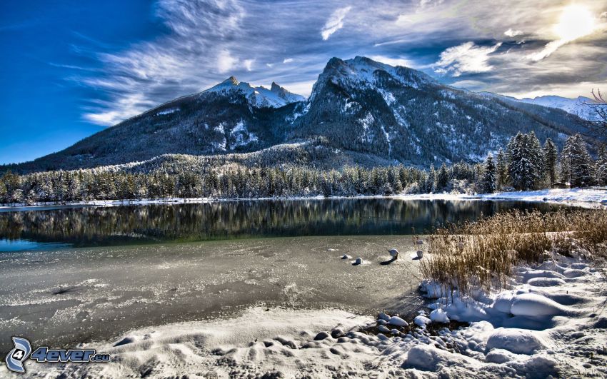snowy hill, lake, snow, HDR