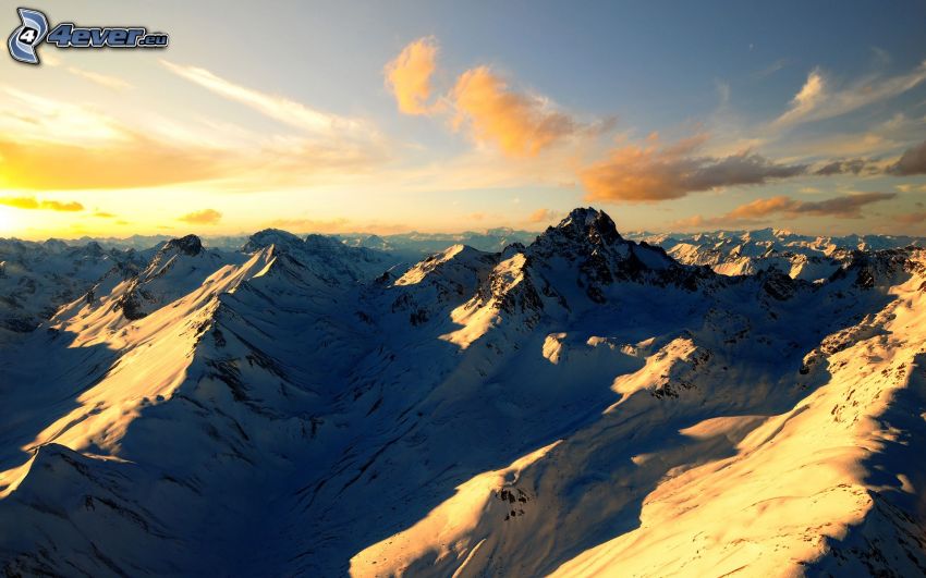 snowy mountains, aerial view