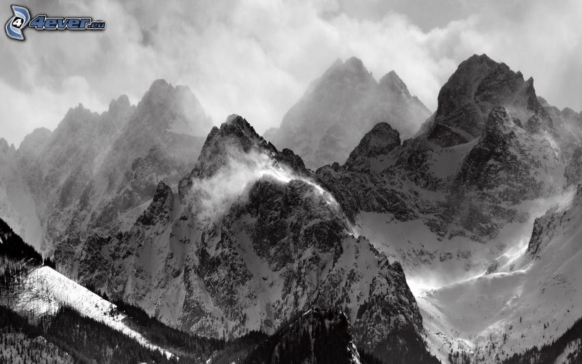snowy mountains, clouds, black and white