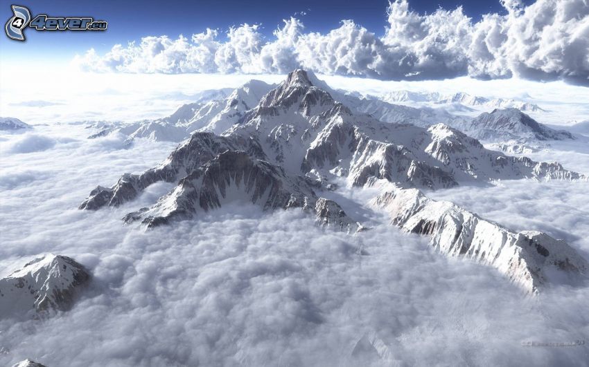 snowy mountains, clouds