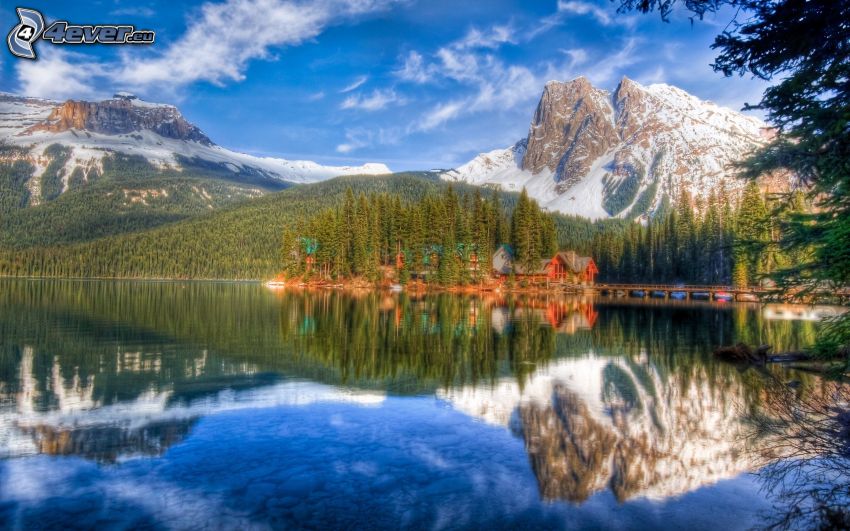 snowy mountains, coniferous forest, cottages, lake, reflection, HDR
