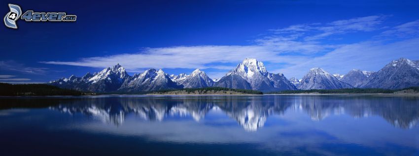 snowy mountains, lake, reflection
