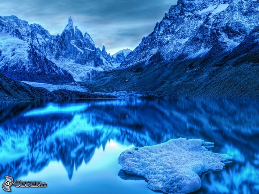 snowy mountains, lake, reflection