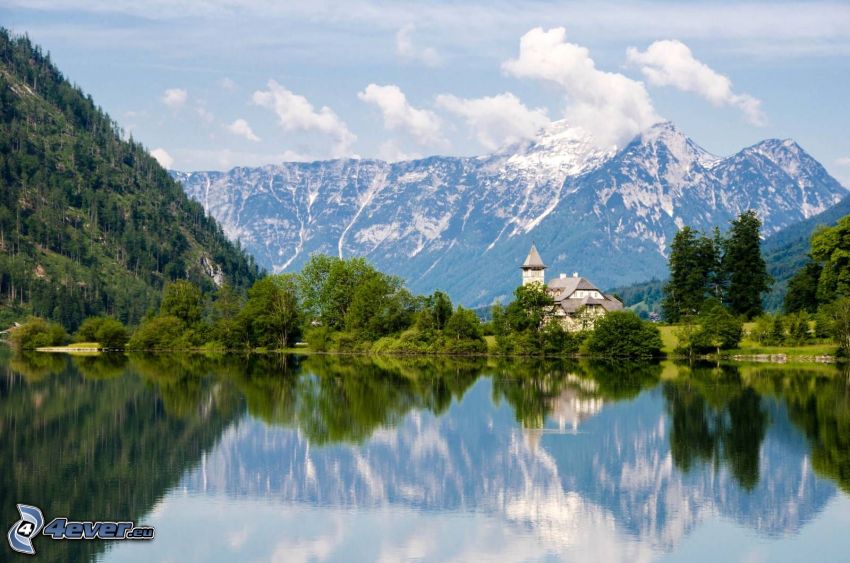 Totes Gebirge, rocky mountains, church, lake