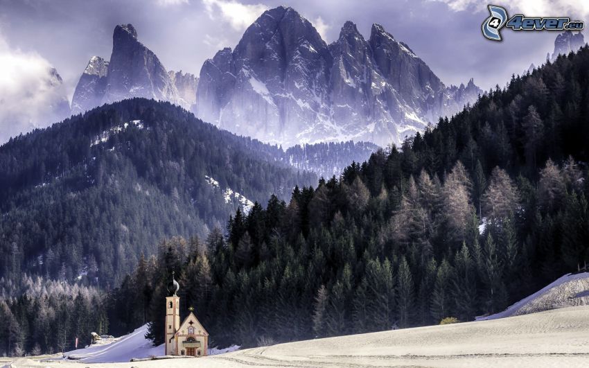 Val di Funes, church, snowy landscape, rocky mountains, Italy