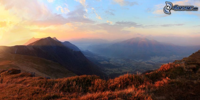 view of the landscape, mountains, sunrise