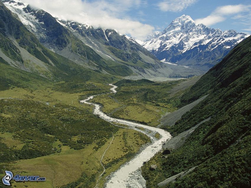 New Zealand, snowy hill, mountains, valley