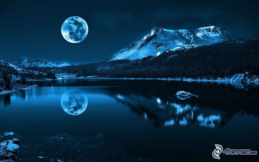 night, moon, hill, lake, reflection