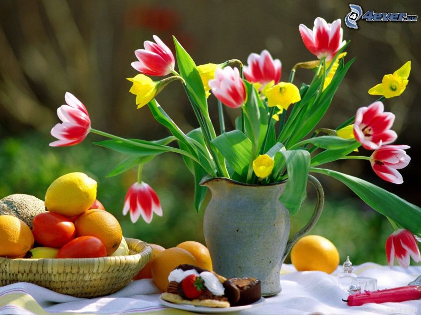 bouquets, tulips, table, fruit, cake