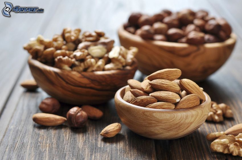 almonds, walnuts, hazelnuts, bowl