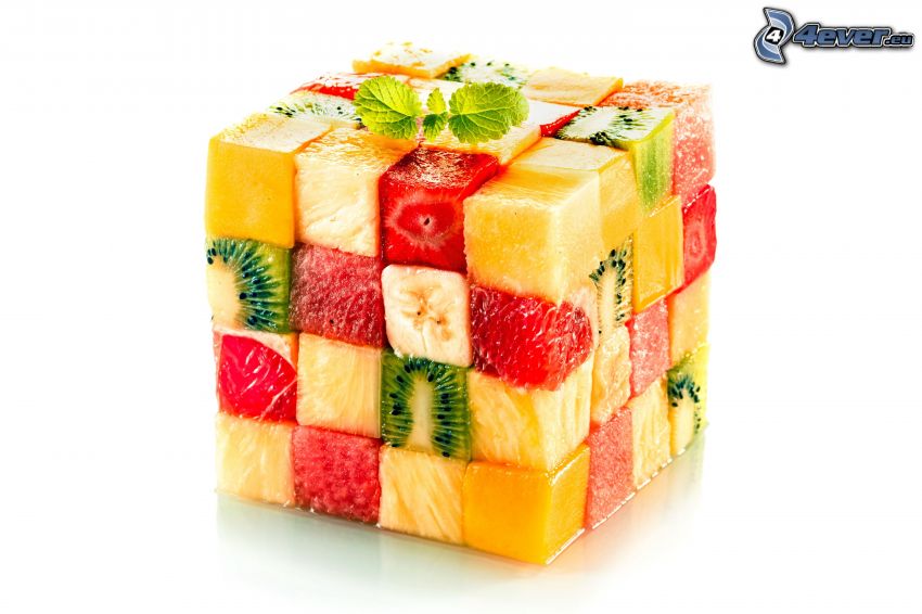 cube, fruit, strawberries, kiwi, orange, banana