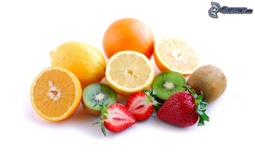 fruit, orange, lemons, strawberries, kiwi